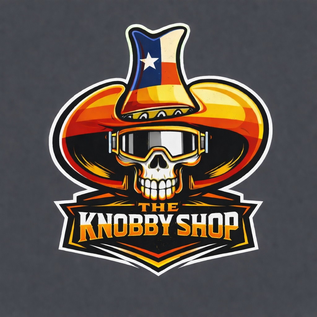 The Knobby Shop logo — skull in goggles with a Texas flag cowboy hat